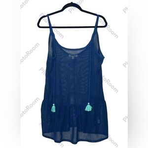 Miken Navy Blue Mesh Swim Coverup with Turquoise Tassels